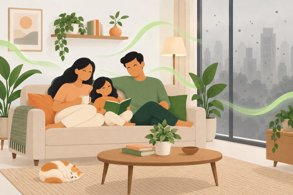 Illustration: a family relaxing on a sofa while haze stays outside the window