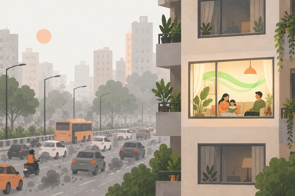 Illustration: an apartment beside a busy road with clean air inside one window