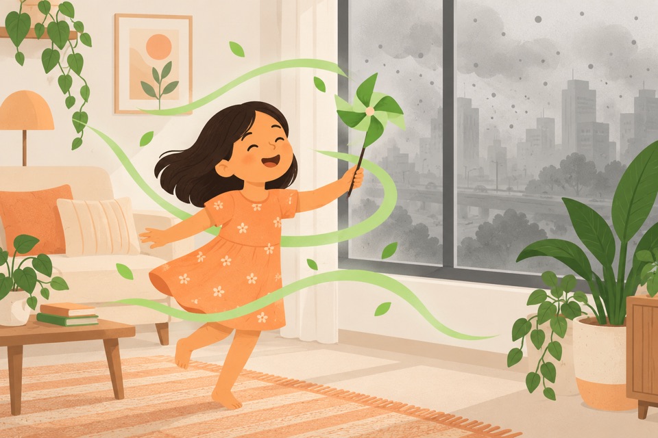 Illustration: a child playing with a pinwheel indoors