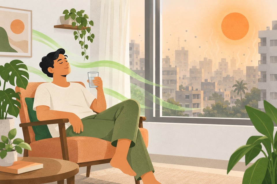 Illustration: a man relaxing indoors on a hot, hazy summer afternoon