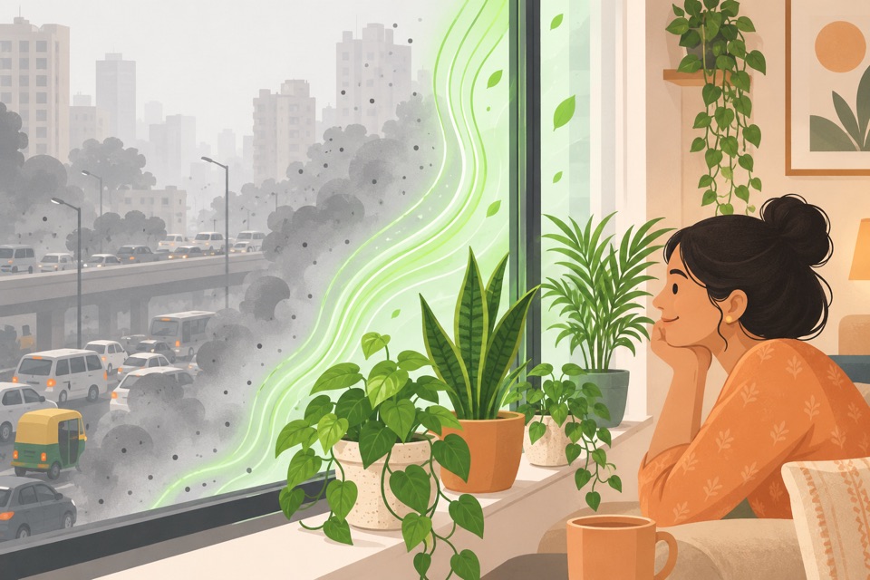 Illustration: traffic fumes held back at a window lined with plants