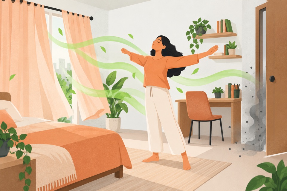 Illustration: a woman stretching as fresh air sweeps through a bedroom