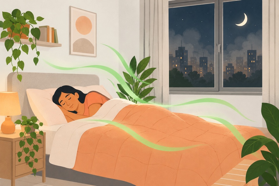 Illustration: a woman sleeping peacefully at night with the window shut