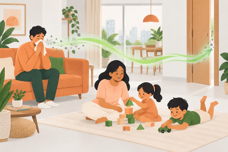 Illustration: fresh air carrying germs out of a family living room