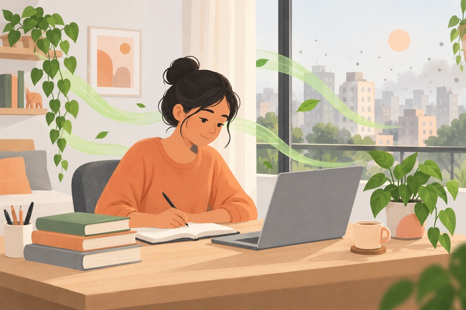 Illustration: a student working calmly at a desk by the window