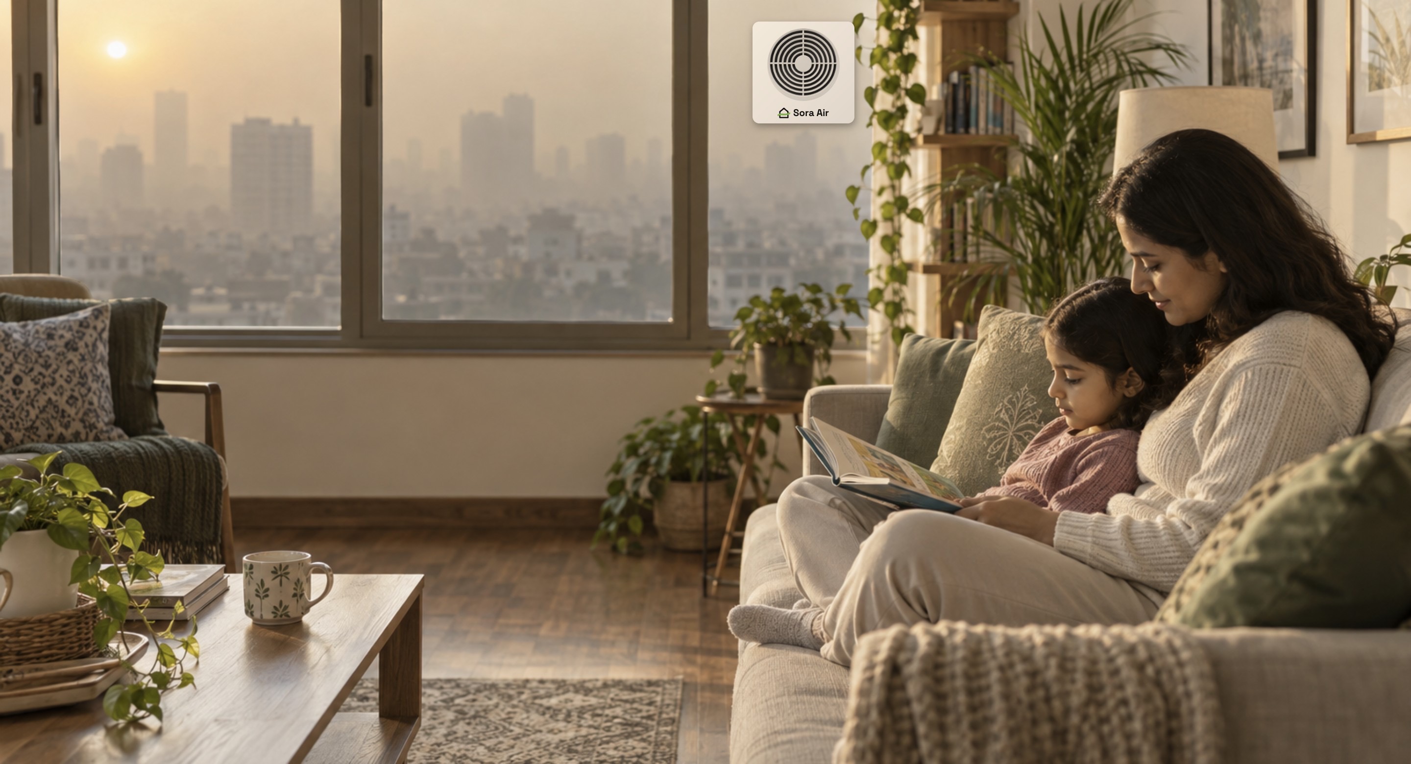 A mother and daughter reading on the sofa, smog over the city outside the window